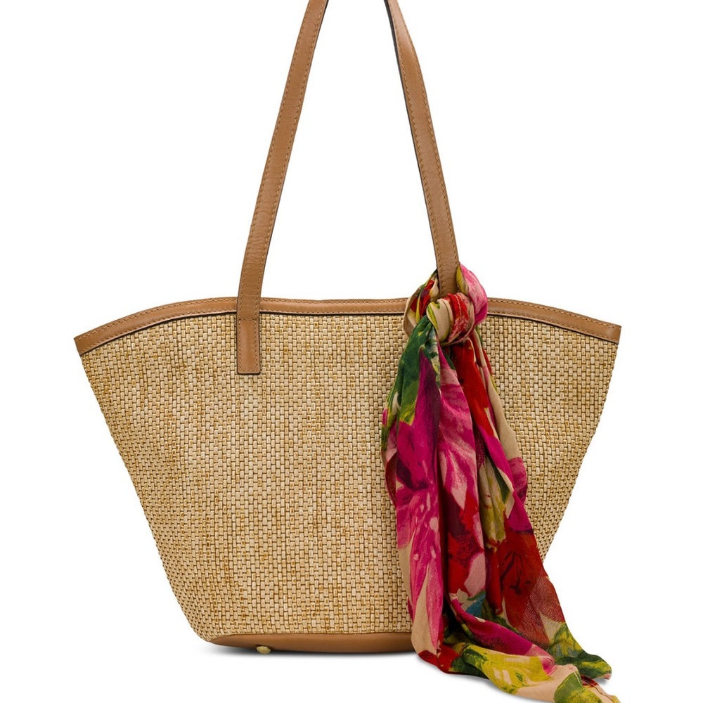 Patricia Nash Marconia Tan Straw Raffia Woven Tote Bag with scarf 🧣👜